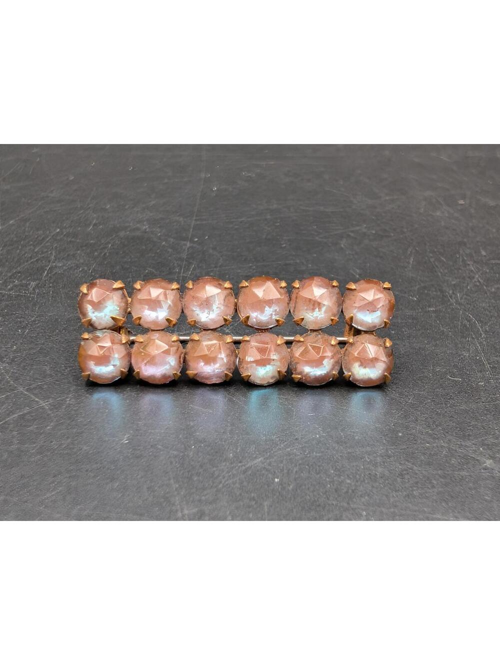 Antique Saphiret Glass Rose Cut Bar Brooch Pin Two Row Brass C Clasp Vintage